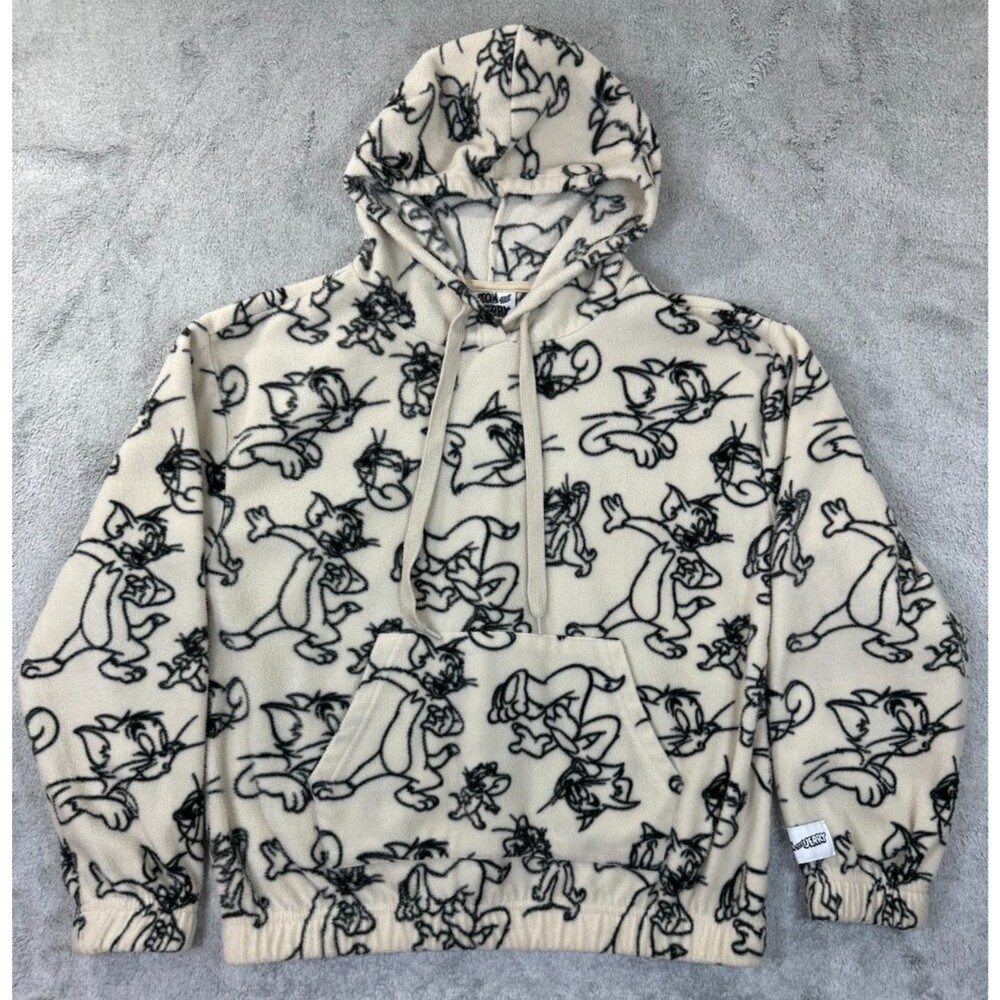 Tom & Jerry Hoodie Youth M Fleece Pullover Beige Cartoon Warner Bros Retro